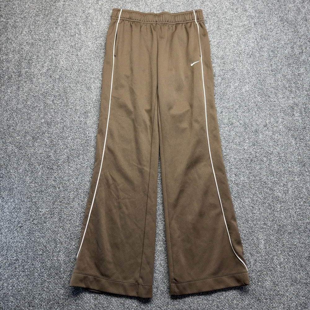 Nike Dri-FIT Brown Track Pants White Piping Wide Leg Athletic Trousers Womens L